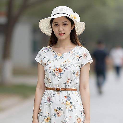 Photograph of an Asian woman with long dark hair, wearing a white floral dress, brown belt, white sunhat with yellow flower, standing on a