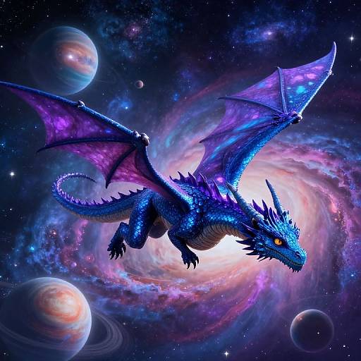Digital artwork of a vibrant, blue, bioluminescent dragon with purple wings flying through a colorful, swirling galaxy with planets and stars.