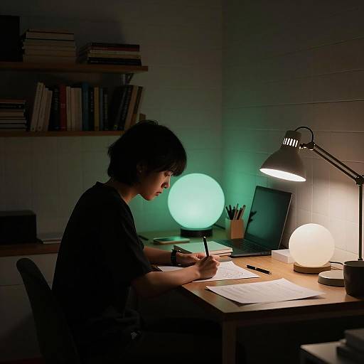 Focused Writer in Dimly Lit Room