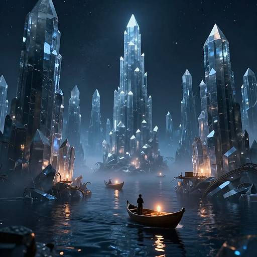 Digital art of a mystical, crystal city at night with glowing blue crystals, a silhouetted figure in a boat, and lit water reflections.