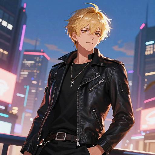 Blond Anime Boy in Neon Cityscape