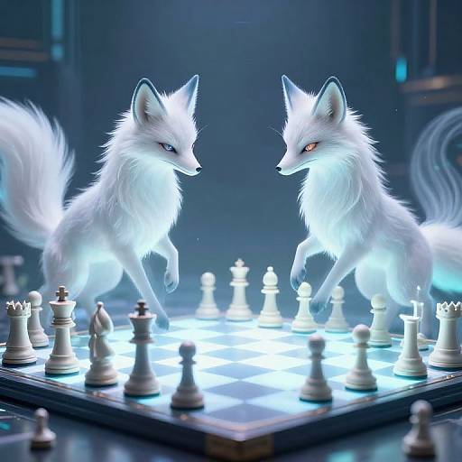 Digital artwork of two glowing white foxes with blue highlights, standing on a luminous chessboard, staring at each other.