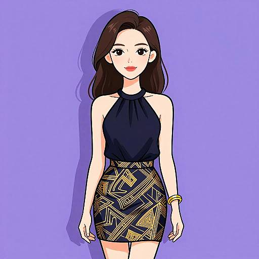 Digital anime-style illustration of a smiling young woman with long brown hair, wearing a black halter top and geometric-patterned black skirt, against a solid