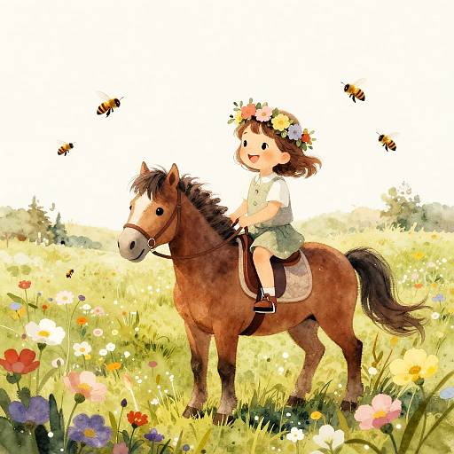 Joyful Child Riding Pony in Meadow
