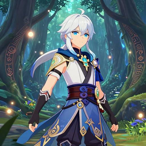 Anime-style digital artwork of a white-haired, blue-eyed character with warrior attire in a mystical forest, glowing fireflies, and intricate armor.