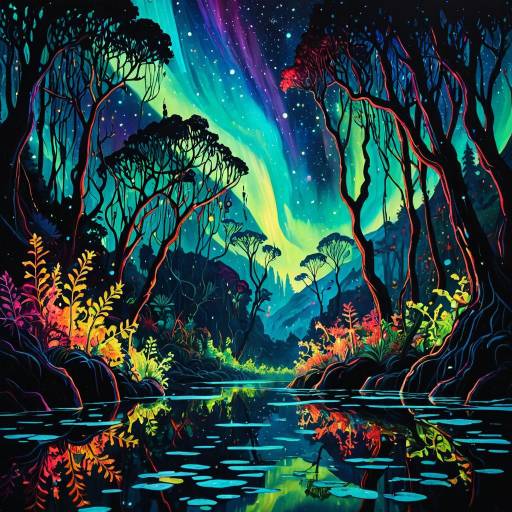 Bioluminescent Jungle with Aurora Borealis