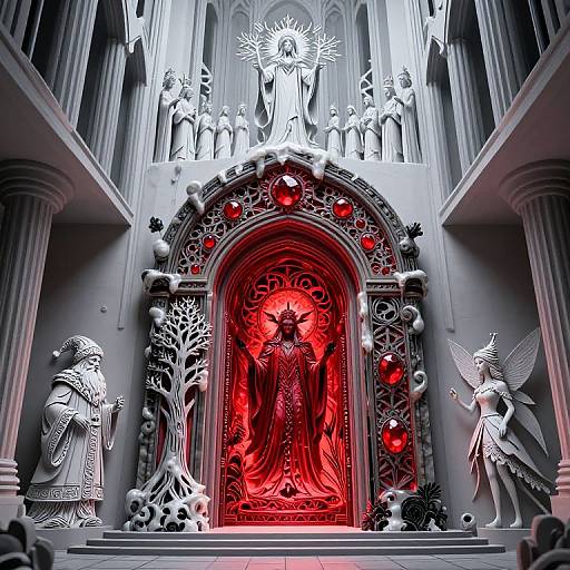 Digital artwork of a gothic cathedral entrance with a glowing red, angelic central figure surrounded by intricate white statues and red orbs.