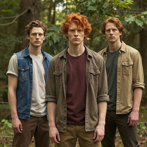 Photograph of three red-haired men standing in a forest; central man with curly hair, denim shirt over maroon tee; flanked by two with