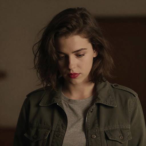 Focused Young Woman Portrait in Olive Jacket