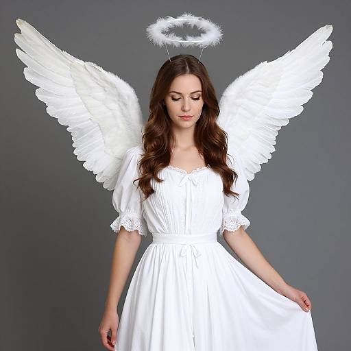 Photograph of a fair-skinned, brown-haired woman with white angel wings and halo, wearing a white dress, against a gray background.
