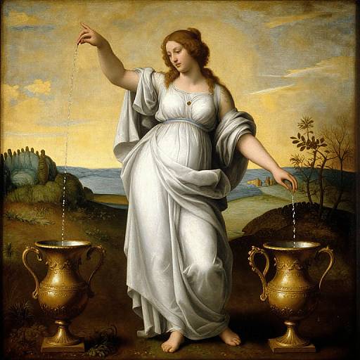 Renaissance painting of a pregnant woman in a flowing white dress, pouring water from a jug into two ornate brass vases.