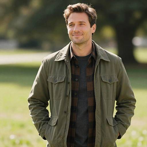 Cheerful Man in Olive Jacket Outdoors
