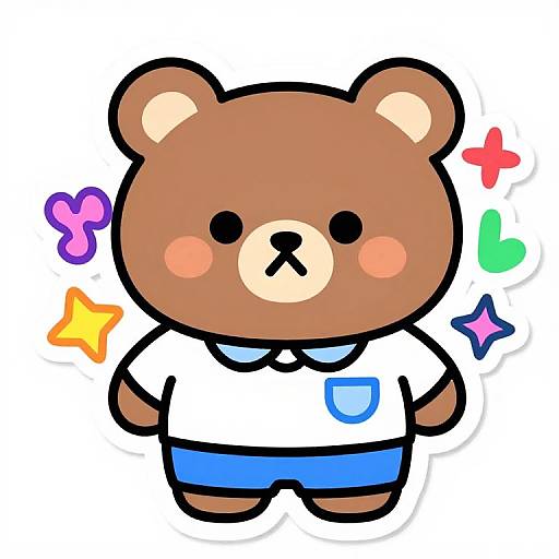 Cute cartoon brown bear with round ears, blush, black nose, wearing white shirt and blue shorts, surrounded by colorful sparkles.