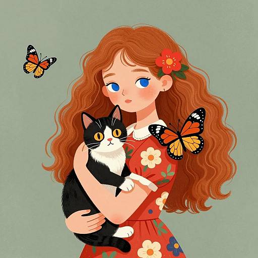 Youthful Girl Embracing Her Feline Friend