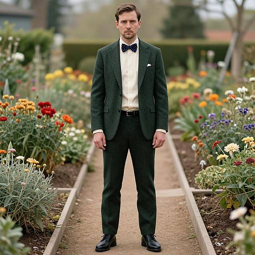 Photograph of a handsome, serious-looking man in a dark green suit, white shirt, and black bow tie, standing in a vibrant, colorful garden