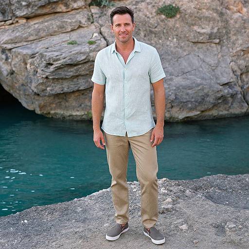Photograph of a bearded man with short brown hair, wearing a light green shirt, beige pants, and brown sneakers, standing on a rocky shoreline
