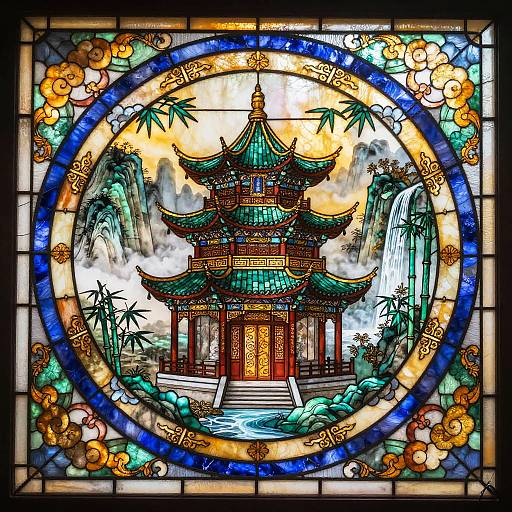 Traditional Chinese Jade Pagoda Stained Glass
