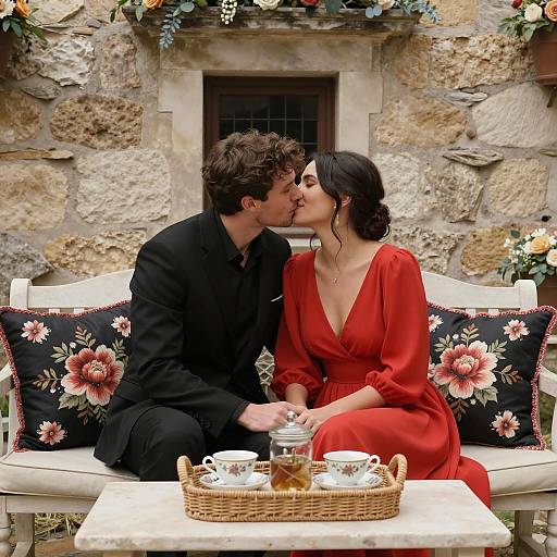 Romantic Couple Kissing on Stone Bench
