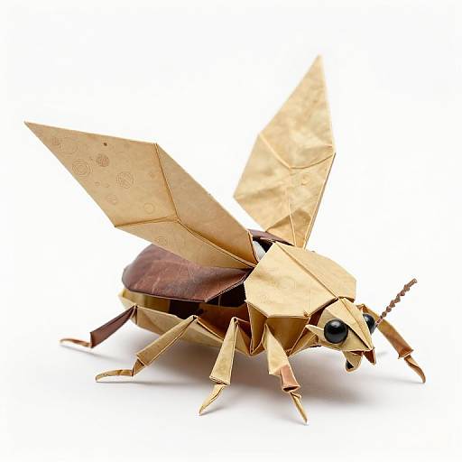 Photograph of a detailed, gold-colored origami cicada with large black eyes, pointed wings, and brown abdomen, set against a white background.
