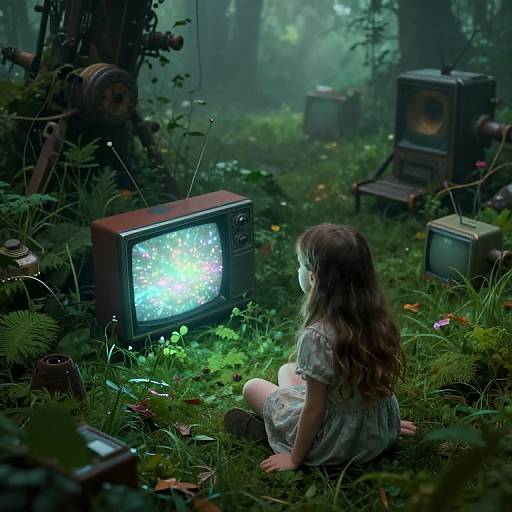 Digital art: A young girl with long brown hair, wearing a white dress, sits in a foggy forest, watching a vintage TV amidst scattered old