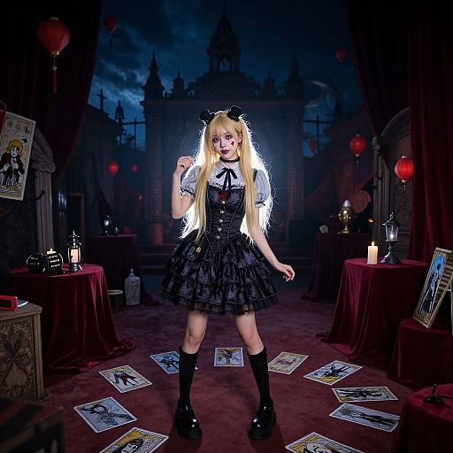 Photograph of a blonde girl in a black gothic dress, cat ears, and knee-high socks, illuminated in a dark, eerie room with tar