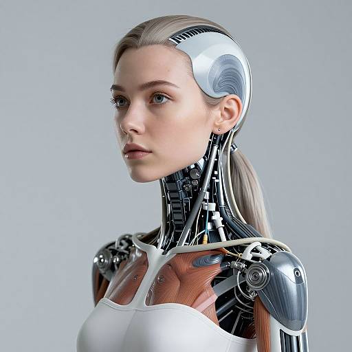 CGI portrait of a futuristic, cybernetic woman with sleek, silver hair, exposed robotic neck, and white chest armor, against a light gray