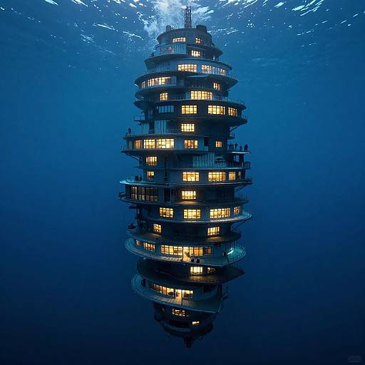 Photograph of a futuristic, cylindrical underwater ship with glowing yellow windows, floating in a deep blue ocean, illuminated from within.