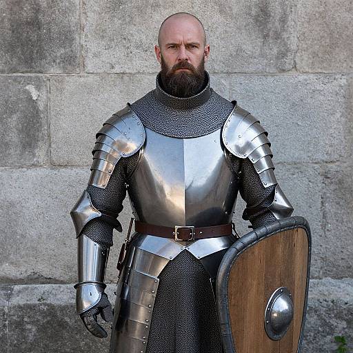Photograph of a bald, bearded medieval knight in shiny silver armor, holding a wooden shield with metal boss, standing against a stone wall.