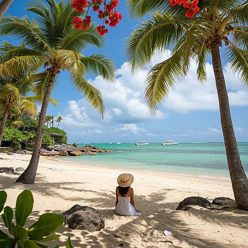 Photograph of a woman in a white dress and straw hat, sitting on a sunny, tropical beach with red flowers, palm trees, and calm turquoise