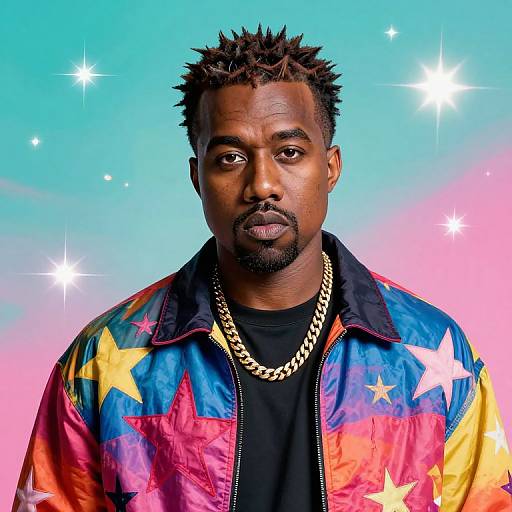 Vibrant Kanye West Portrait with Star-Patterned Jacket