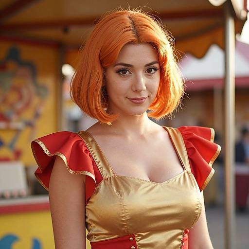 Photograph of a young woman with vibrant orange bob haircut, wearing a gold and red dress with ruffled shoulders, standing outdoors in a colorful, sun