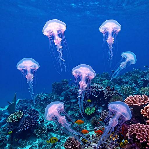 Photograph of vibrant blue ocean, featuring seven glowing jellyfish with translucent white umbrellas, floating above colorful coral reefs with orange fish.
