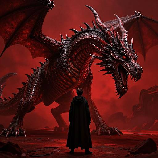 Digital artwork of a massive, black-scaled dragon with glowing red eyes, towering over a small, cloaked human in a dark, red-hued