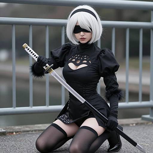 Gothic Woman in Black Costume with Katana