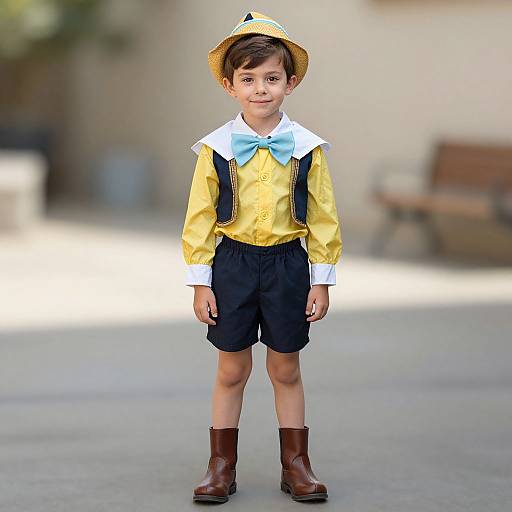 Photograph of a young boy in a yellow shirt, black shorts, brown boots, blue bowtie, white collar, and straw hat, standing outdoors