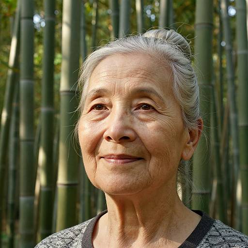 Photograph of an elderly Asian woman with gray hair, smiling, wearing a patterned shirt, standing in front of tall bamboo stalks.