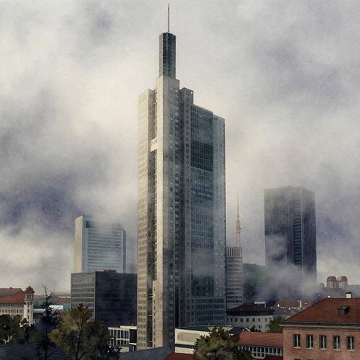 Eerie Watercolor of Foggy Berlin Skyscraper