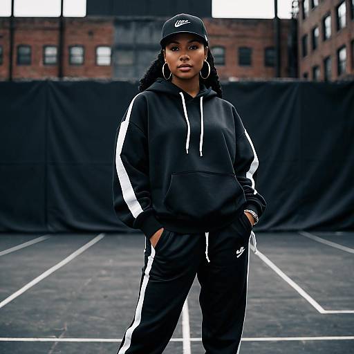 Young Woman in Black Hip Hop Outfit Standing Outdoors