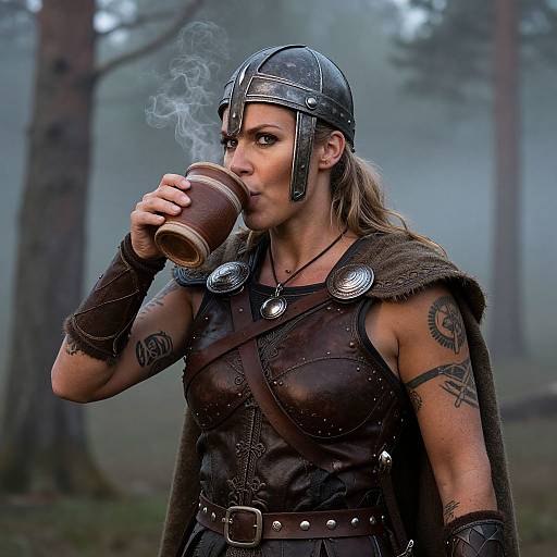 Photograph of a muscular, tattooed woman in medieval Viking armor, drinking from a wooden mug, in a foggy forest.