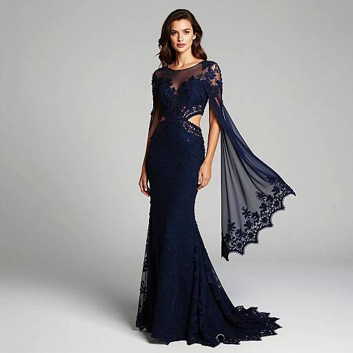 Elegant Woman in Dark Blue Lace Gown