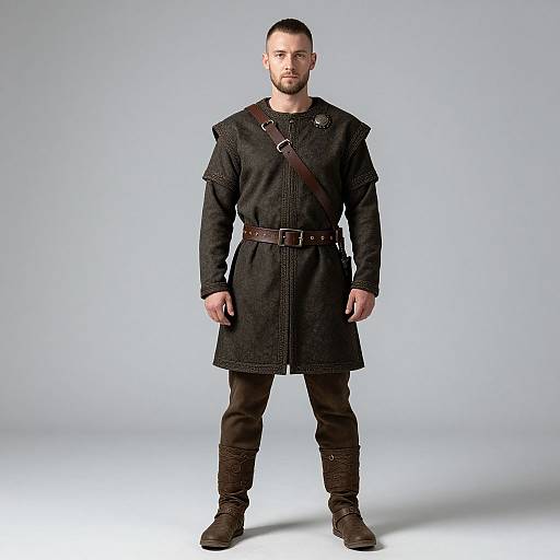 Photograph of a bearded man with short dark hair, wearing a black medieval-style tunic with brown belt and strap, black pants, and brown