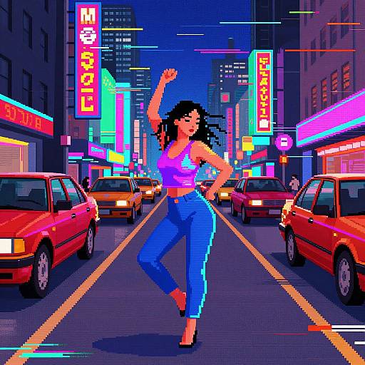 Pixel art of a dancing woman in a neon-lit city street with red taxis, colorful signs, and skyscrapers. She wears a purple crop