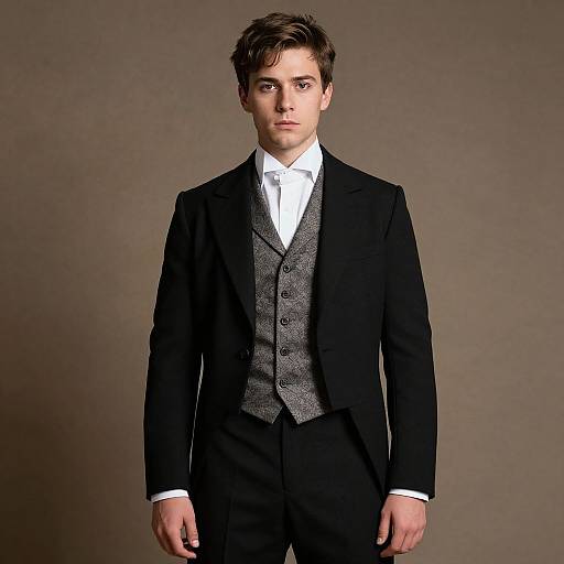 Photograph of a young man with short brown hair, wearing a black suit, gray patterned vest, and white shirt, standing against a plain gray