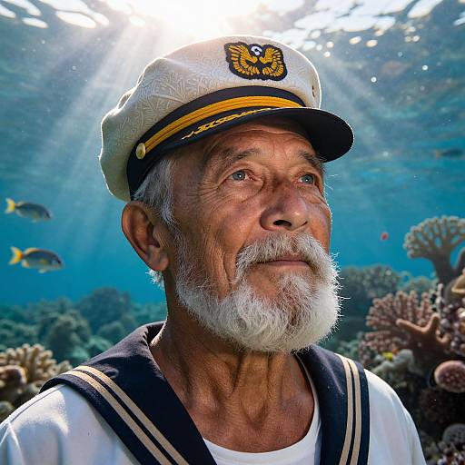 Photograph of an elderly white man with a white beard, wearing a naval captain's hat, underwater, surrounded by coral and fish. Sunlight filters