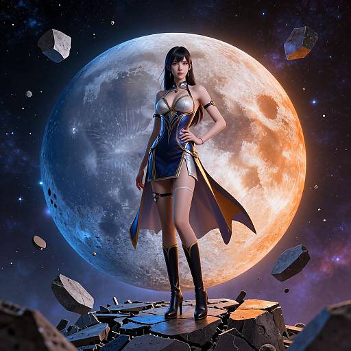 Digital art of a fierce, dark-haired woman in a metallic, revealing outfit standing on rubble, with a glowing, dual-colored moon behind her in a