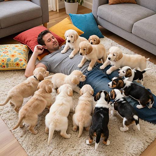 Photograph of a smiling bearded man in a gray shirt, lying on a carpet surrounded by twelve adorable puppies of various breeds and colors in a cozy