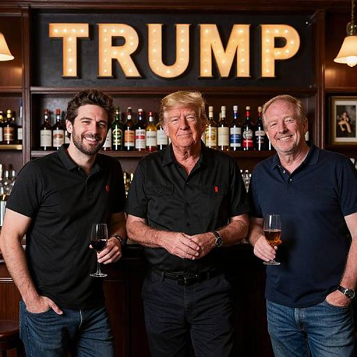 Photograph of three men standing in a bar, wearing black shirts, smiling, holding glasses of whiskey, with 