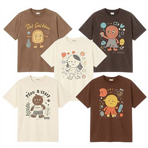 Photograph of five children's T-shirts with colorful cartoon designs and playful text, in brown and white colors, arranged in a grid.