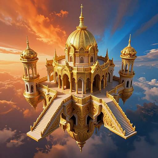Golden, ornate, dome-topped palace with two smaller towers, floating against a vibrant sunset-orange and deep-blue sky, reflecting on clouds below.