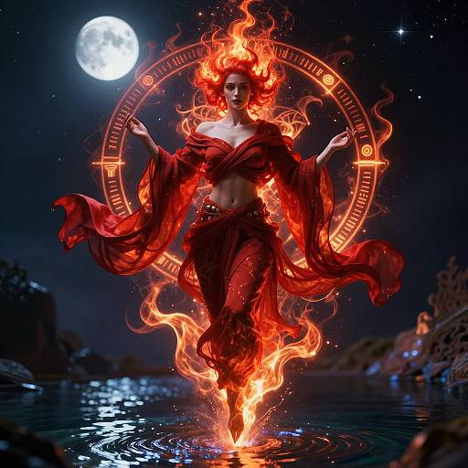 Fiery Lust Genie Floating Over Moonlit Water